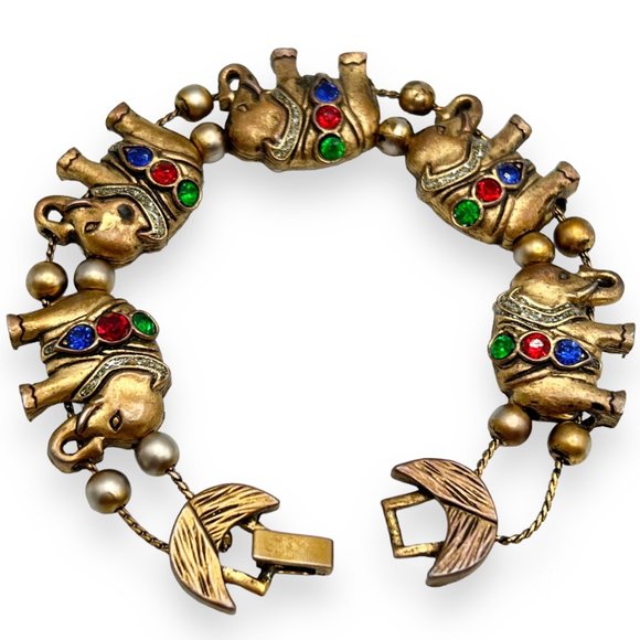Vintage Brass & Mogul Red/Blue/Green Rhinestone Elephant Charm Slide Bracelet - Picture 4 of 9